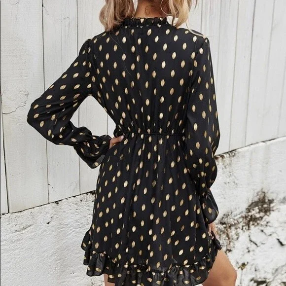 Idem Ditto Chiffon Ruffle Black Gold Dress  L NWT - Picture 12 of 16